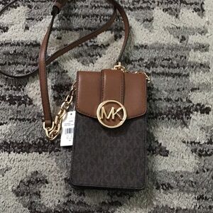 Michael Kors Brown and Tan Logo Crossbody Phone Pouch with Gold MK Emblem